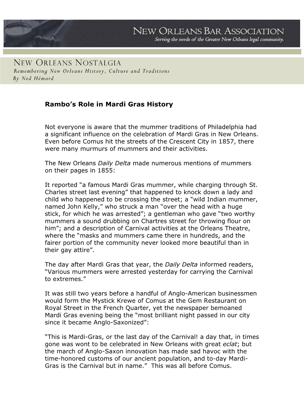 NEW ORLEANS NOSTALGIA Remembering New Orleans History, Culture and Traditions by Ned Hémard