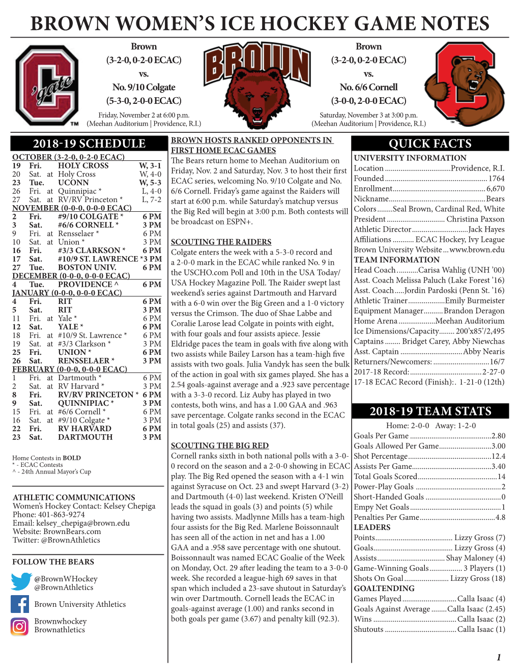 Brown Women's Ice Hockey Game Notes