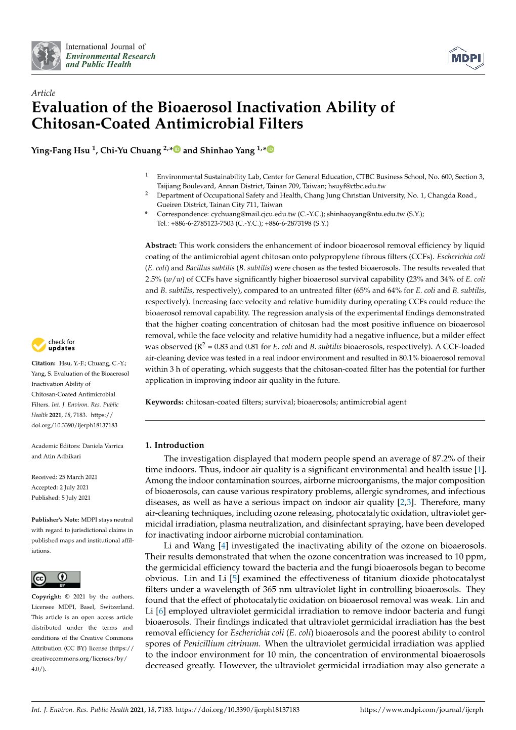 Evaluation of the Bioaerosol Inactivation Ability of Chitosan-Coated Antimicrobial Filters
