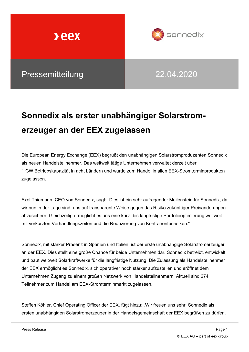 Press Release Page 1 © EEX AG – Part of Eex Group