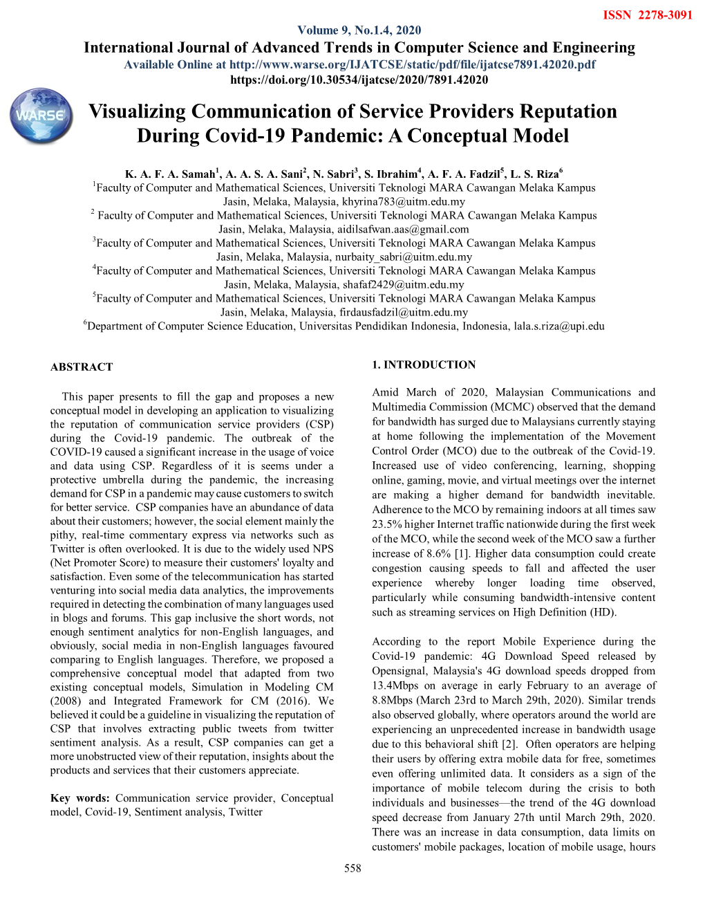 Visualizing Communication of Service Providers Reputation During Covid-19 Pandemic: a Conceptual Model