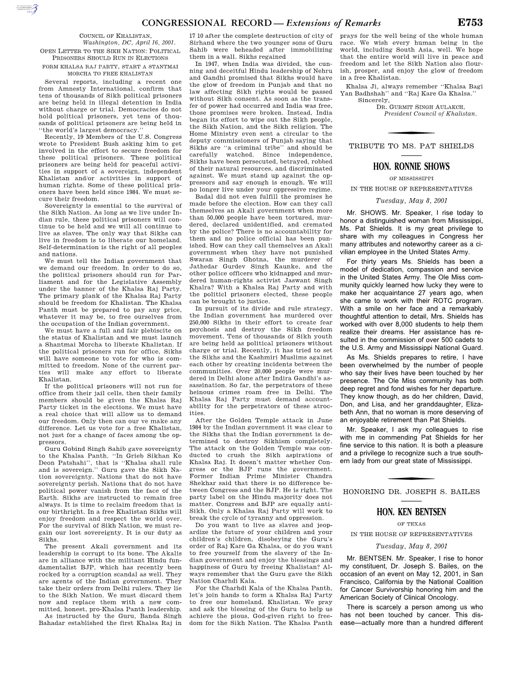 CONGRESSIONAL RECORD— Extensions of Remarks E753 HON. RONNIE SHOWS HON. KEN BENTSEN
