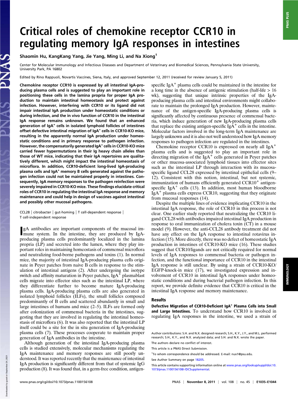 Critical Roles of Chemokine Receptor CCR10 in Regulating Memory Iga Responses in Intestines