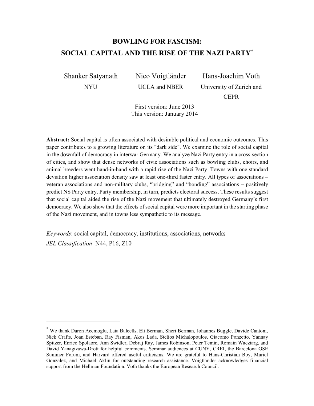 Social Capital and the Rise of the Nazi Party in Weimar Germany, 1919