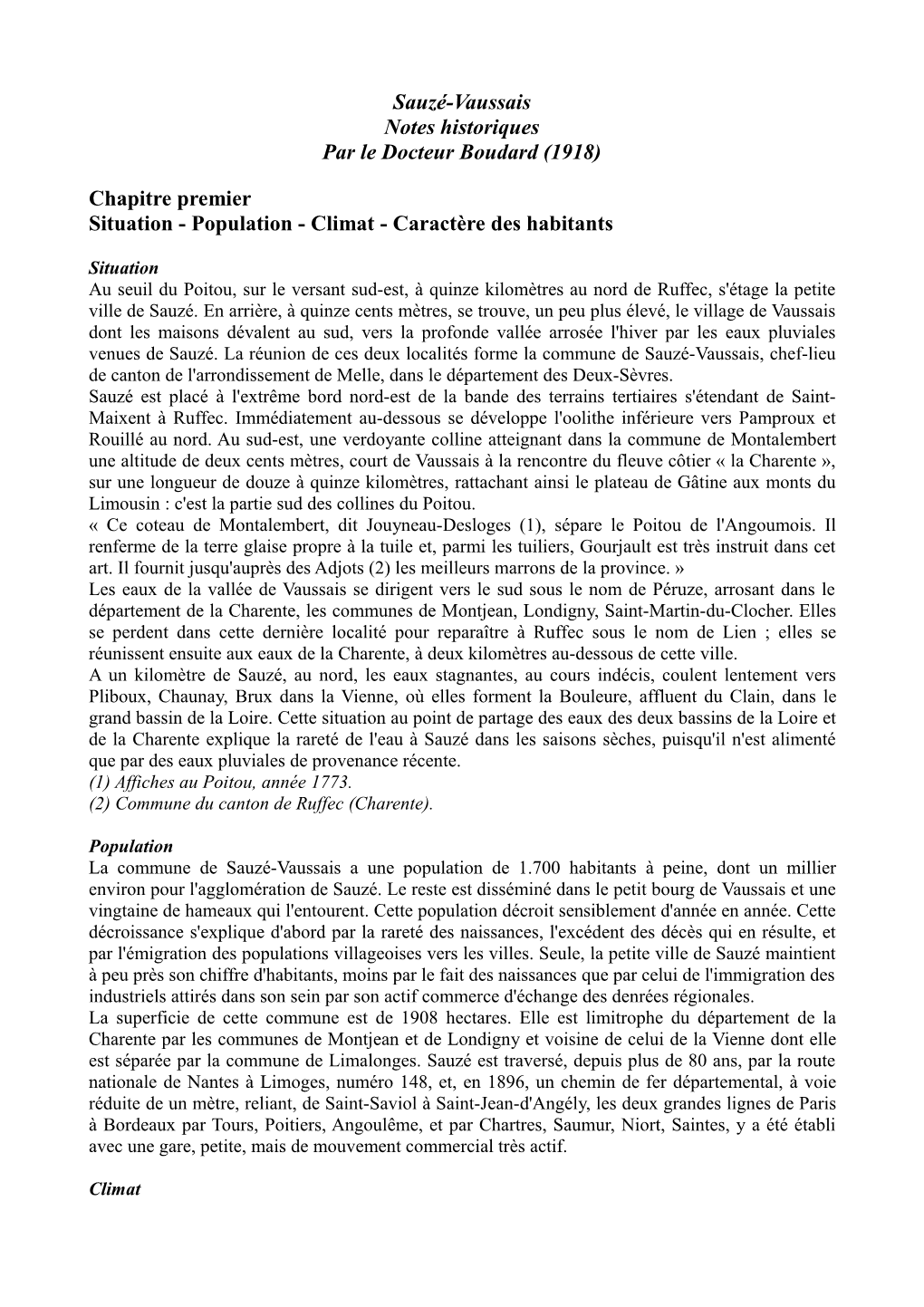 Sauzé-Vaussais Notes Historiques Par Le Docteur Boudard (1918)