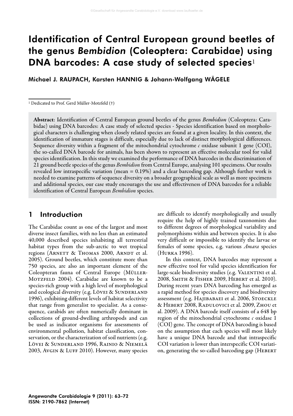 Coleoptera: Carabidae) Using DNA Barcodes: a Case Study of Selected Species1