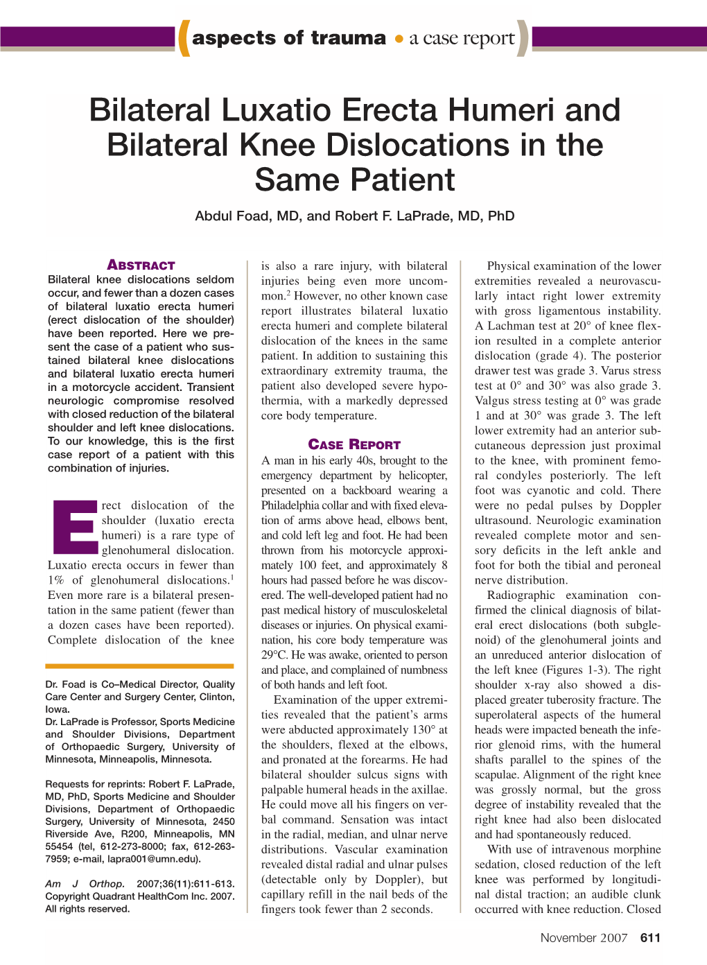 Bilateral Luxatio Erecta Humeri and Bilateral Knee Dislocations in the Same Patient Abdul Foad, MD, and Robert F