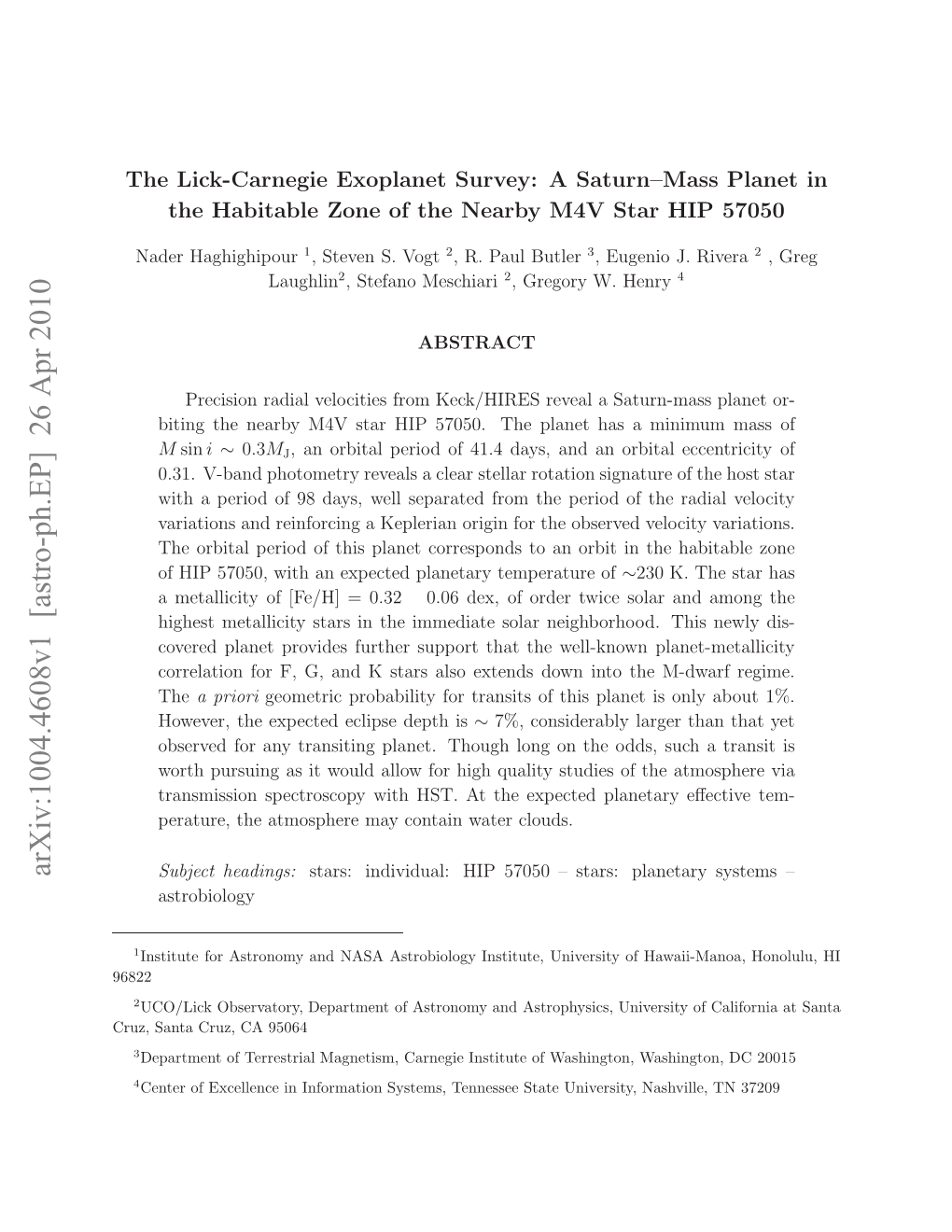 The Lick-Carnegie Exoplanet Survey: a Saturn-Mass Planet in The