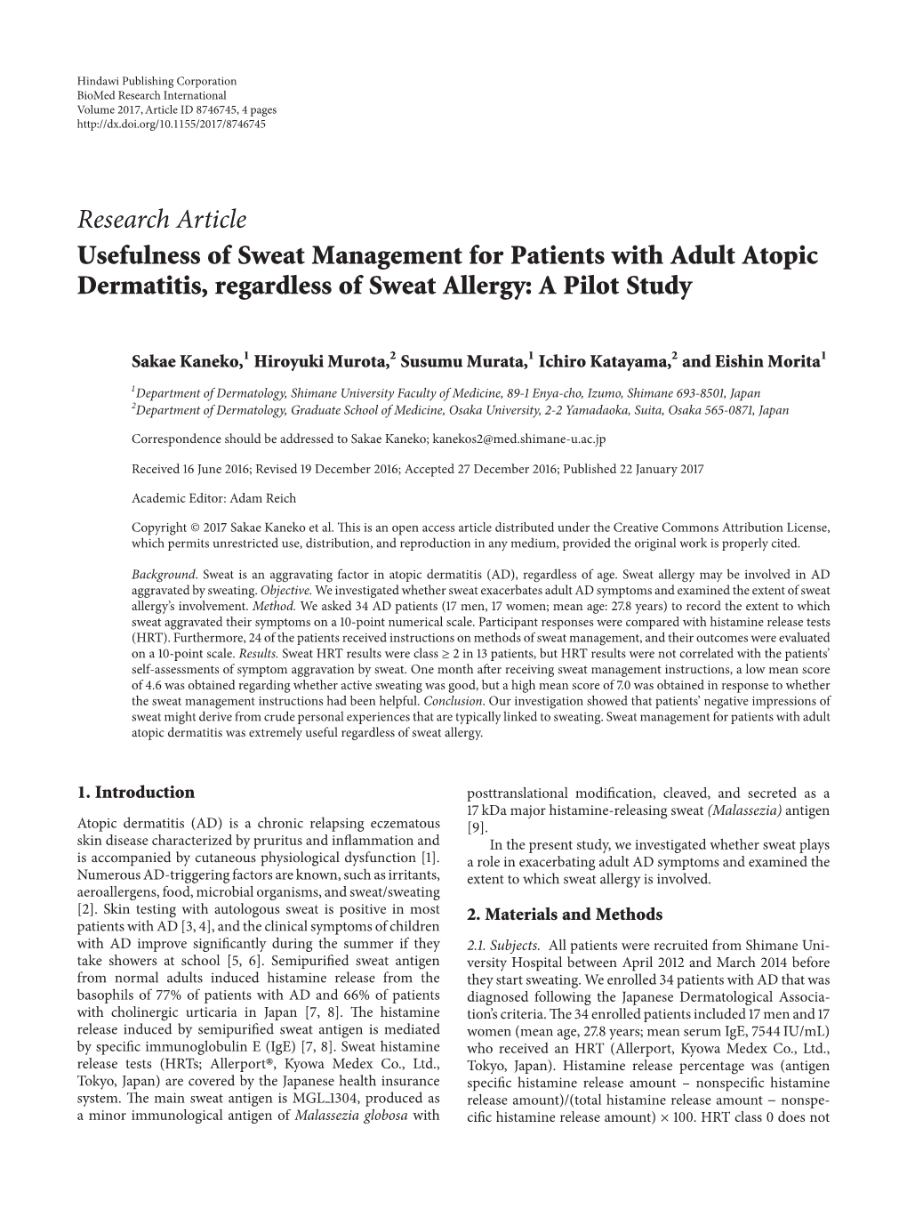 Usefulness of Sweat Management for Patients with Adult Atopic Dermatitis, Regardless of Sweat Allergy: a Pilot Study
