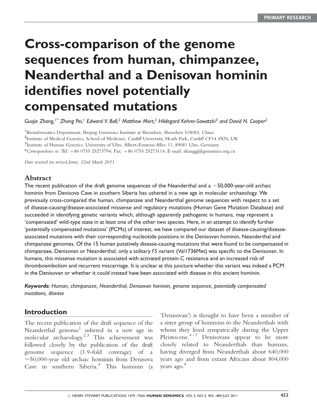 Cross-Comparison of the Genome Sequences from Human