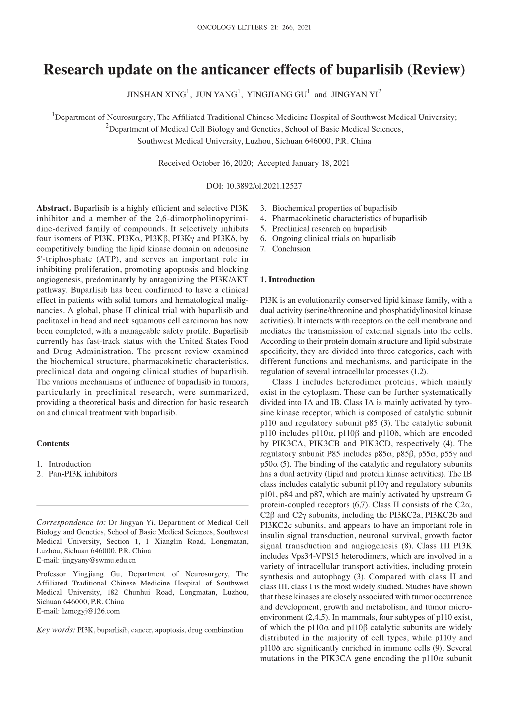 Research Update on the Anticancer Effects of Buparlisib (Review)