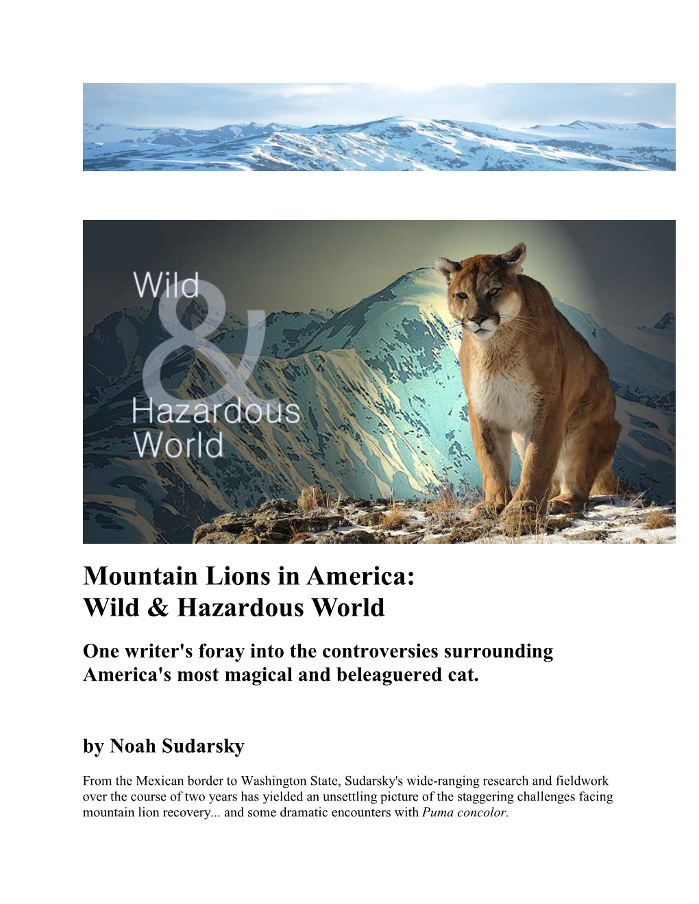 Mountain Lions in America: Wild & Hazardous World One Writer's Foray Into the Controversies Surrounding America's Most Magical and Beleaguered Cat