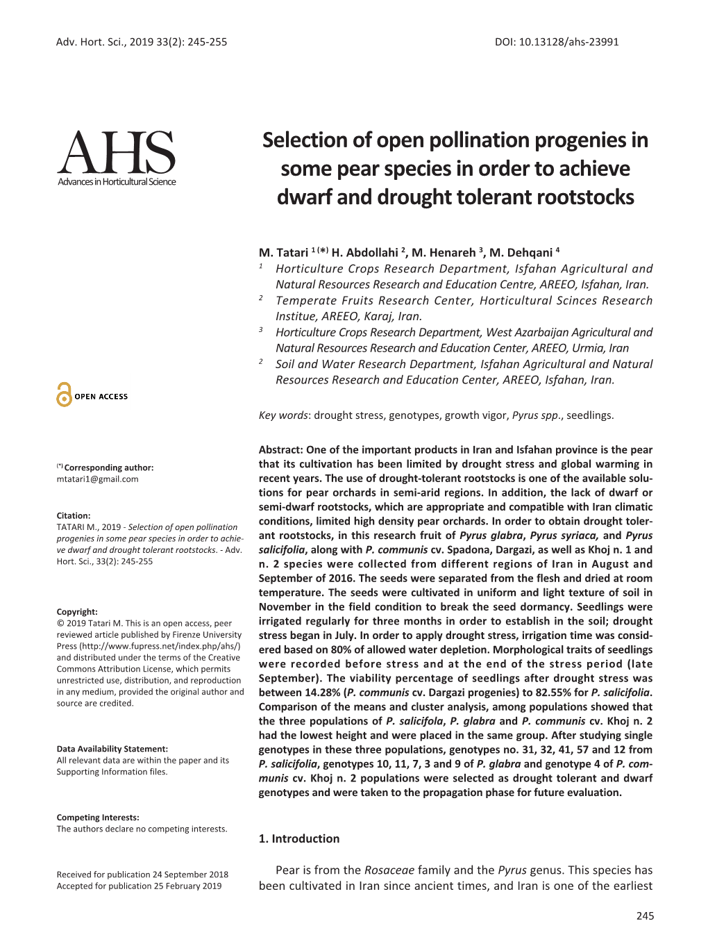 Selection of Open Pollination Progenies in Some Pear Species in Order to Achieve Dwarf and Drought Tolerant Rootstocks