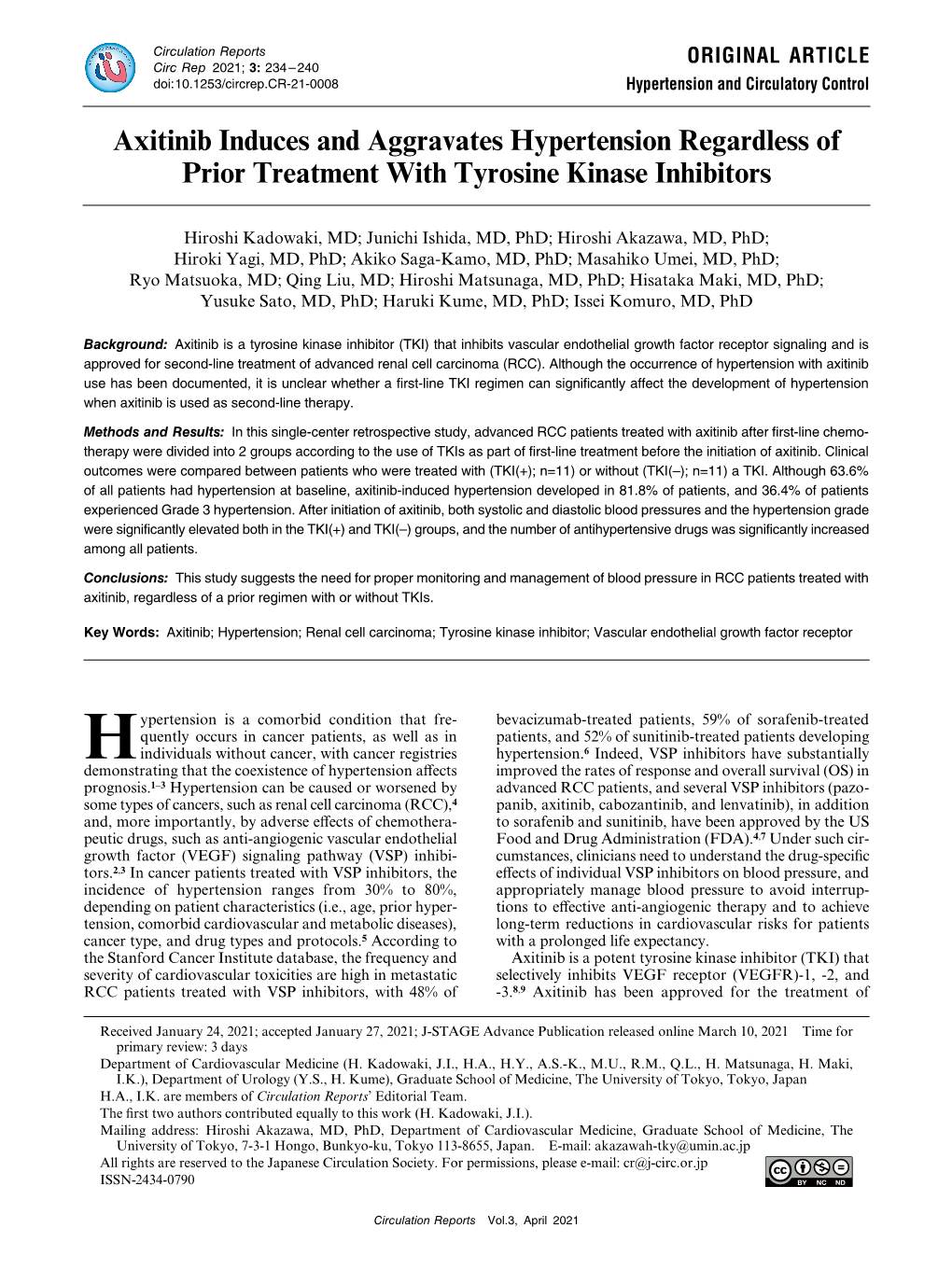 Axitinib Induces and Aggravates Hypertension Regardless of Prior Treatment with Tyrosine Kinase Inhibitors