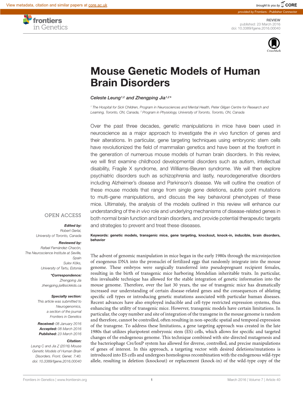 Mouse Genetic Models of Human Brain Disorders