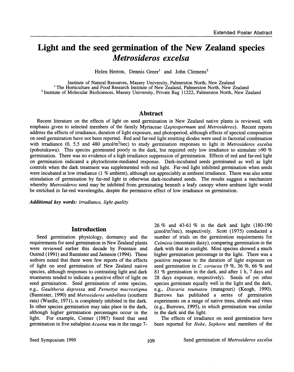 Light and the Seed Germination of the New Zealand Species Metrosideros Excelsa