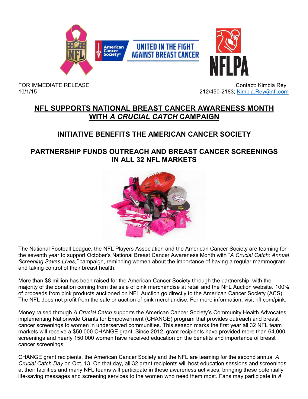 Nfl Supports National Breast Cancer Awareness Month with a Crucial Catch Campaign