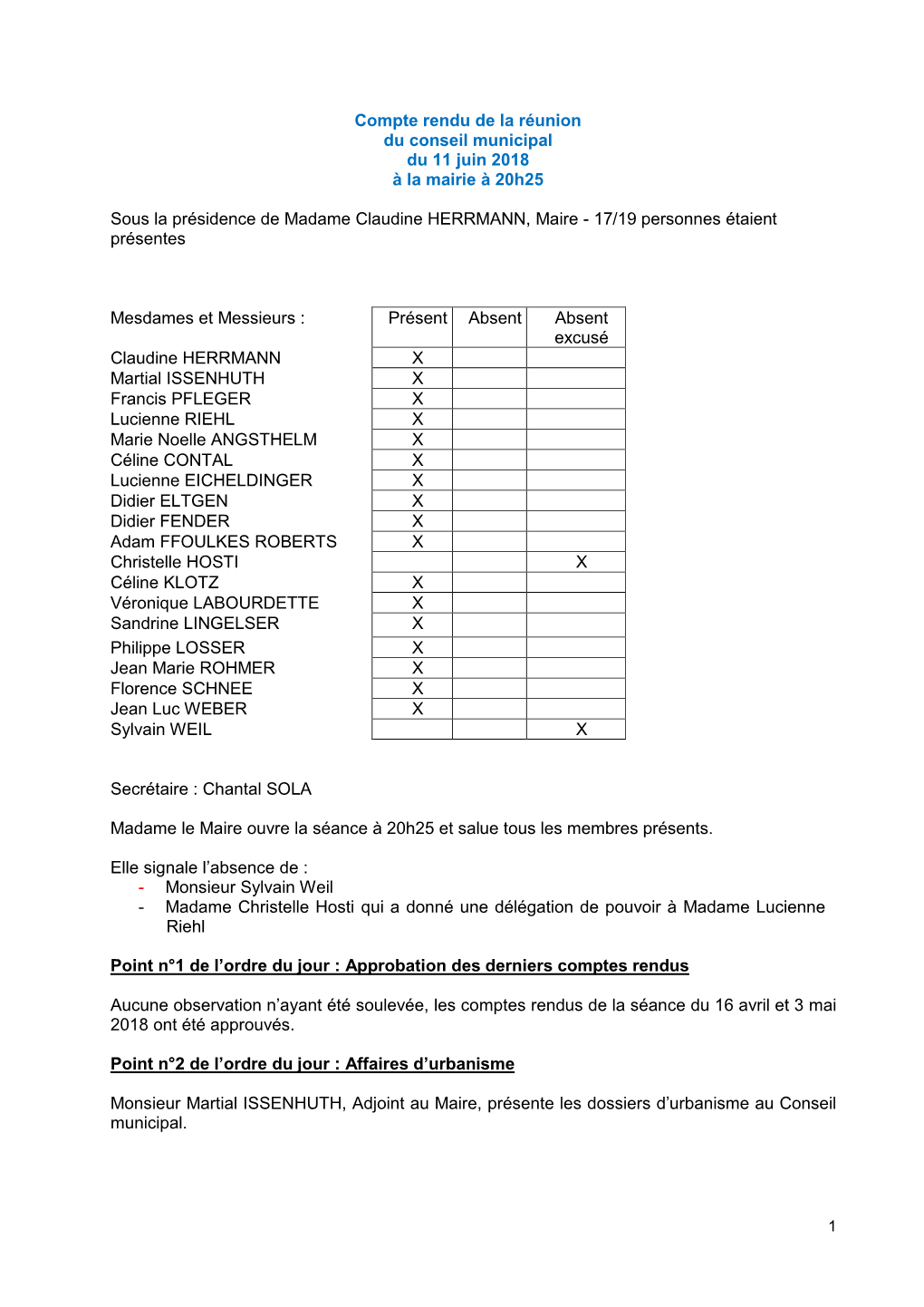 Compte Rendu De La Réunion Du Conseil Municipal Du 11 Juin 2018 À La Mairie À 20H25