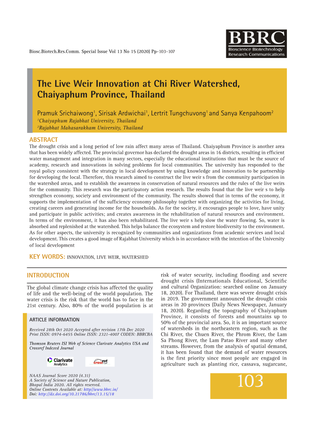 The Live Weir Innovation at Chi River Watershed, Chaiyaphum Province, Thailand
