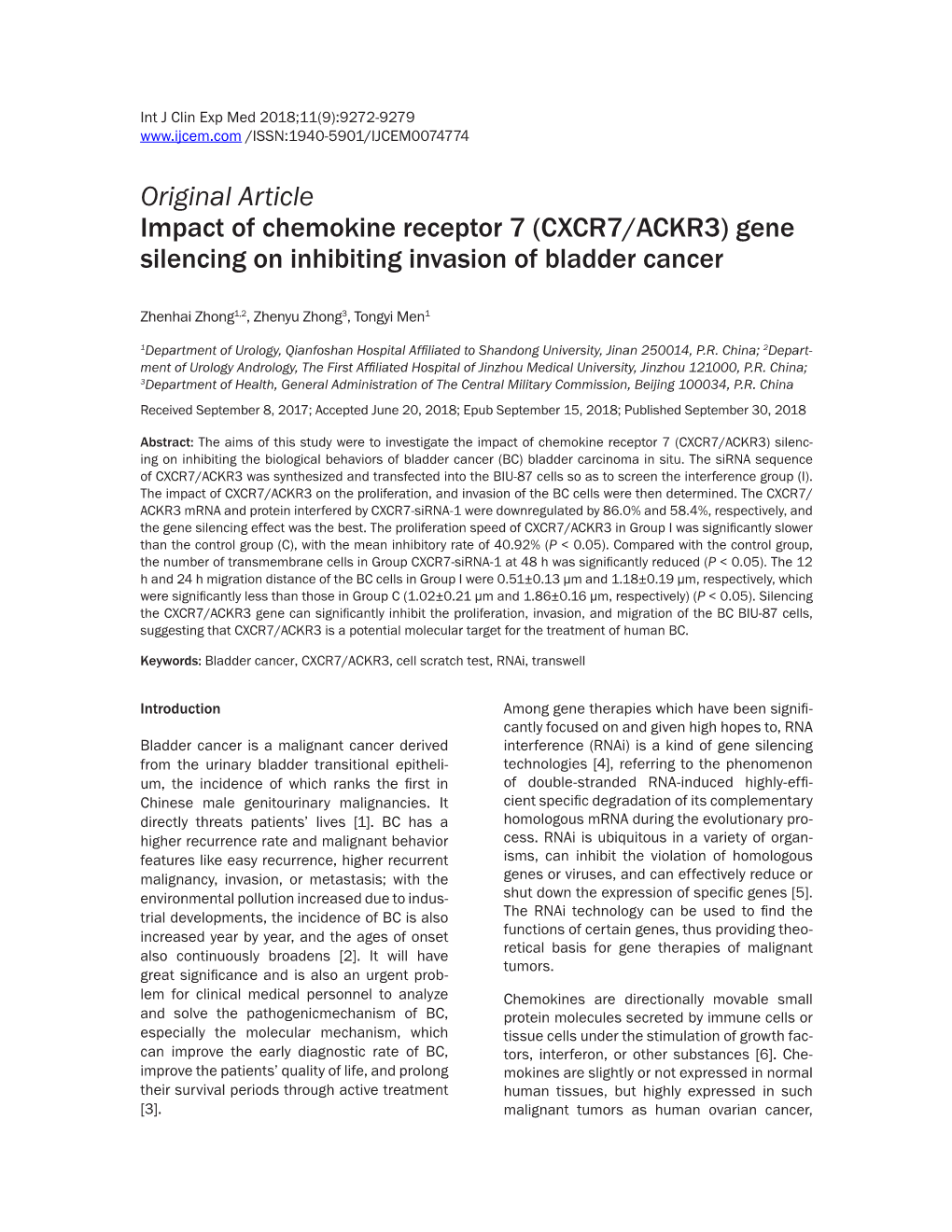 CXCR7/ACKR3) Gene Silencing on Inhibiting Invasion of Bladder Cancer