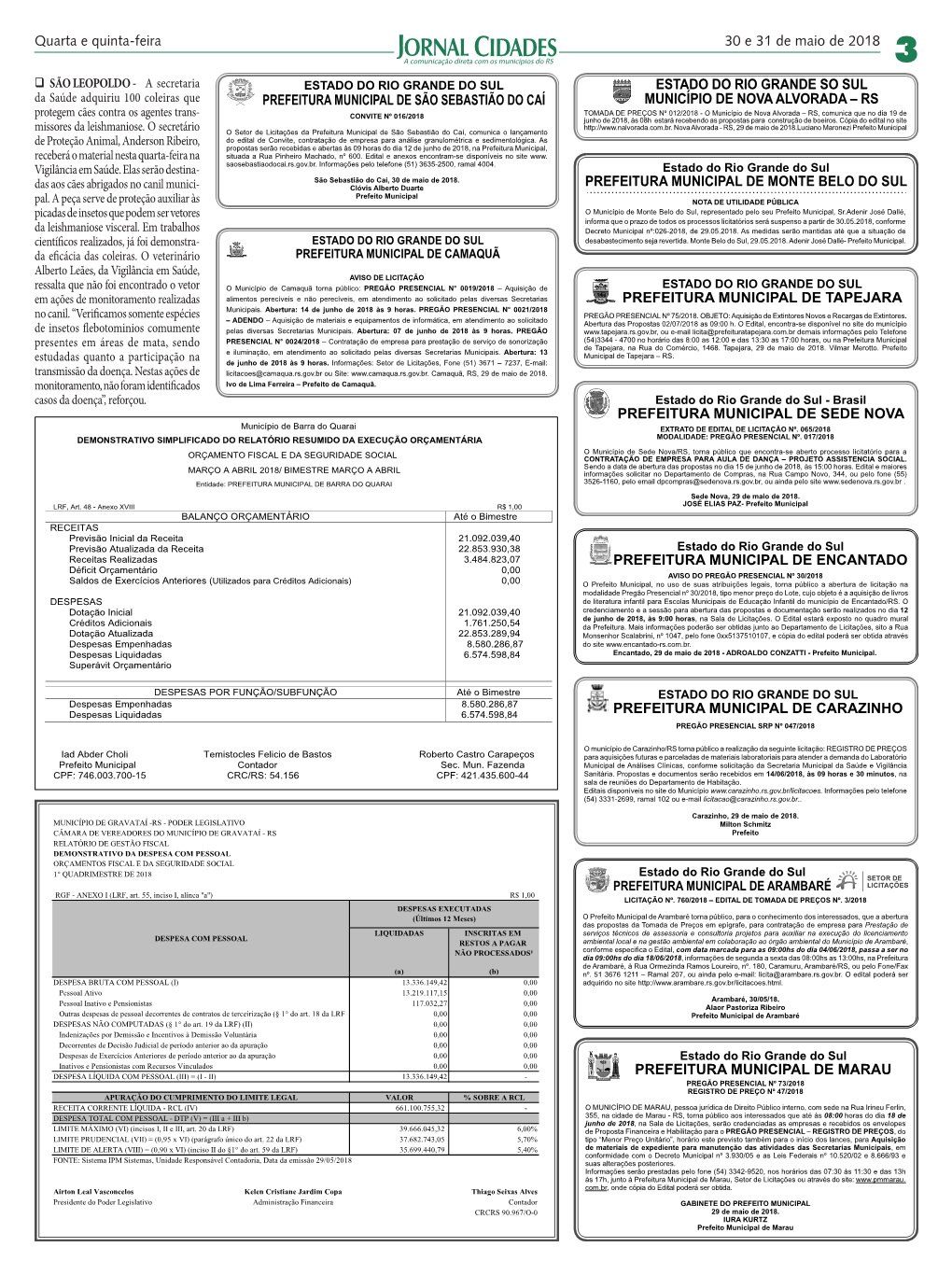 30 E 31 De Maio De 2018 Quarta E Quinta-Feira PREFEITURA MUNICIPAL DE ENCANTADO PREFEITURA MUNICIPAL DE CARAZINHO PREFEITURA