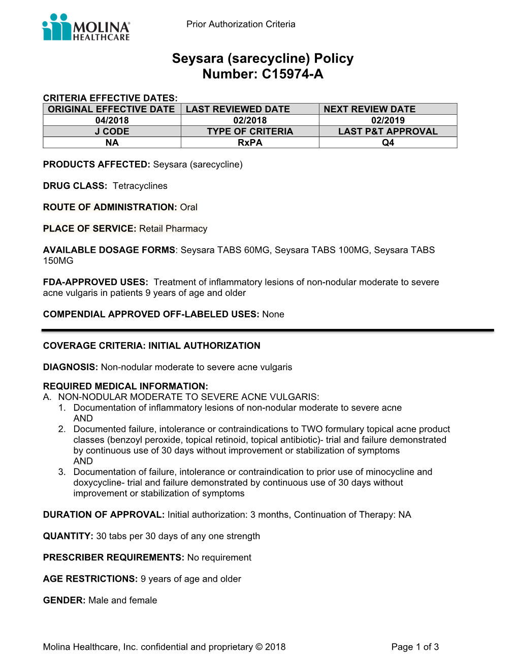 Seysara (Sarecycline) Policy Number: C15974-A