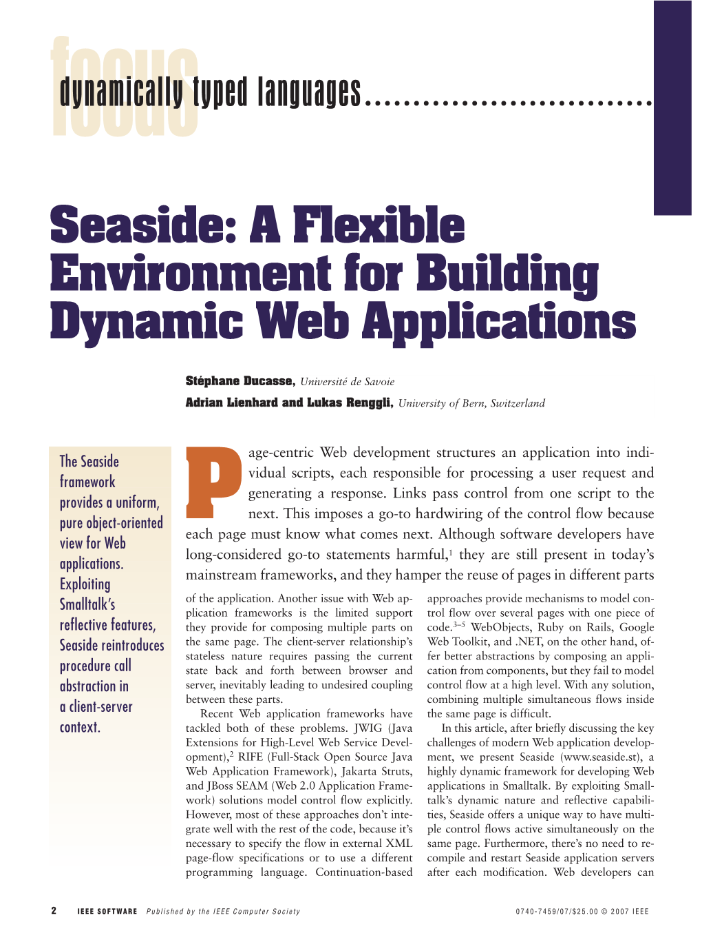 Seaside: a Flexible Environment for Building Dynamic Web Applications Dynamically Typed Languages