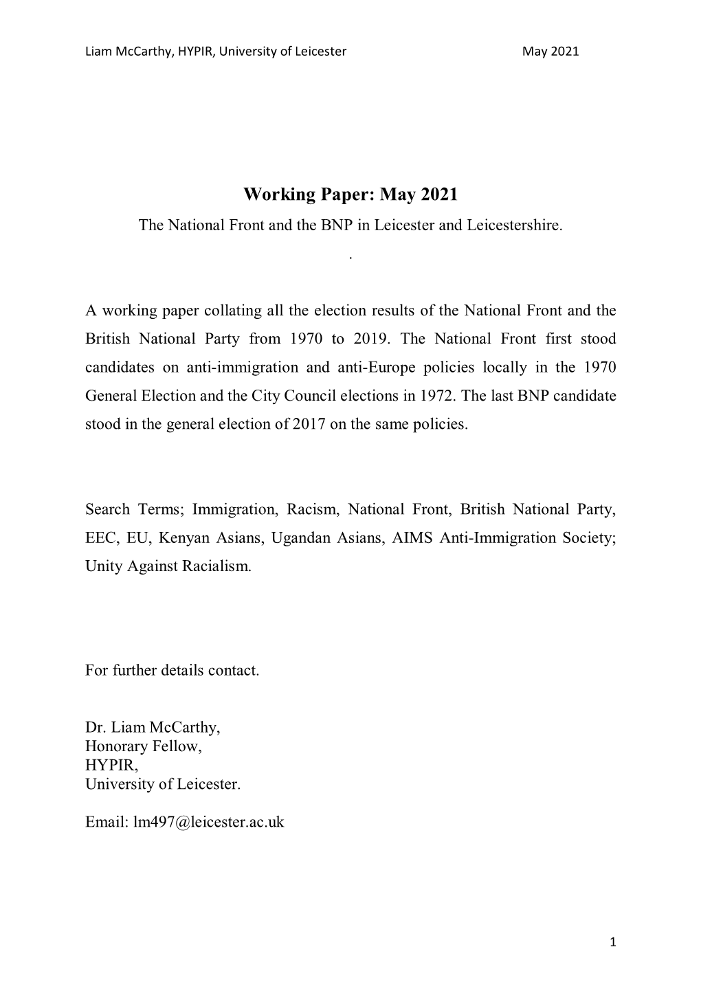 Working Paper: May 2021 the National Front and the BNP in Leicester and Leicestershire