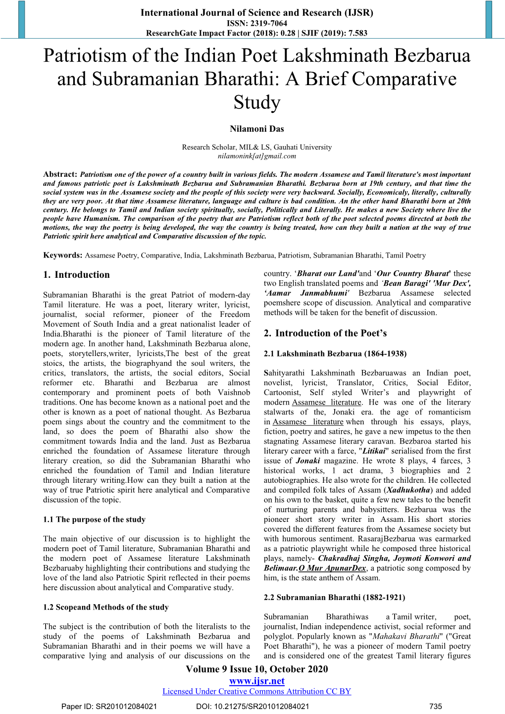 Patriotism of the Indian Poet Lakshminath Bezbarua and Subramanian Bharathi: a Brief Comparative Study
