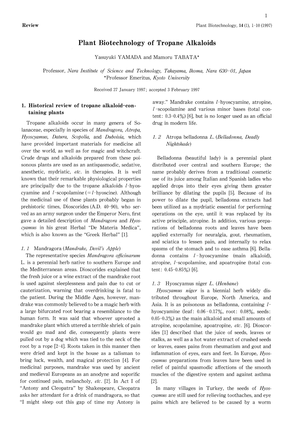 Plant Biotechnology of Tropane Alkaloids