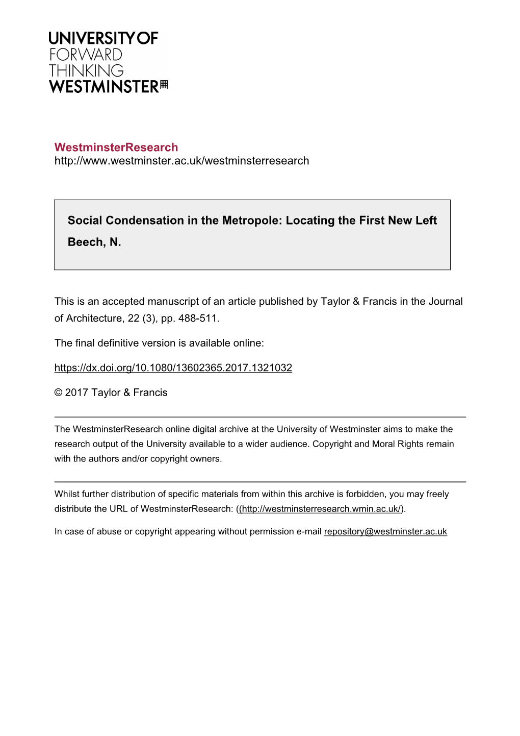 Westminsterresearch Social Condensation in the Metropole