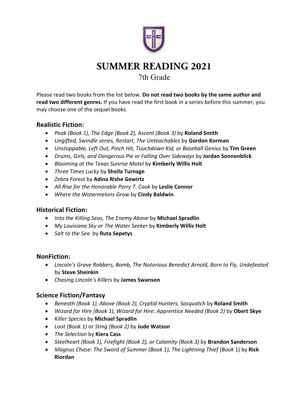 SUMMER READING 2021 7Th Grade