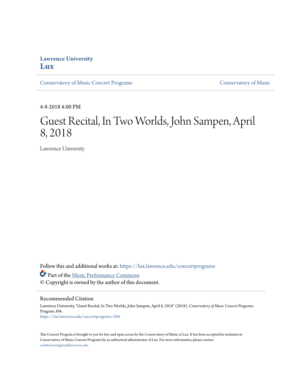Guest Recital, in Two Worlds, John Sampen, April 8, 2018 Lawrence University