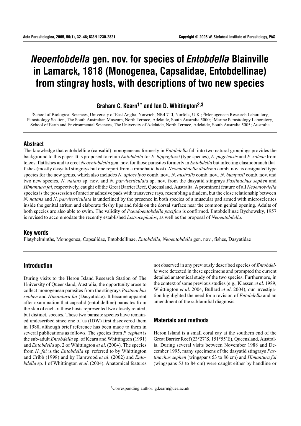 Monogenea, Capsalidae, Entobdellinae) from Stingray Hosts, with Descriptions of Two New Species Stefański Graham C