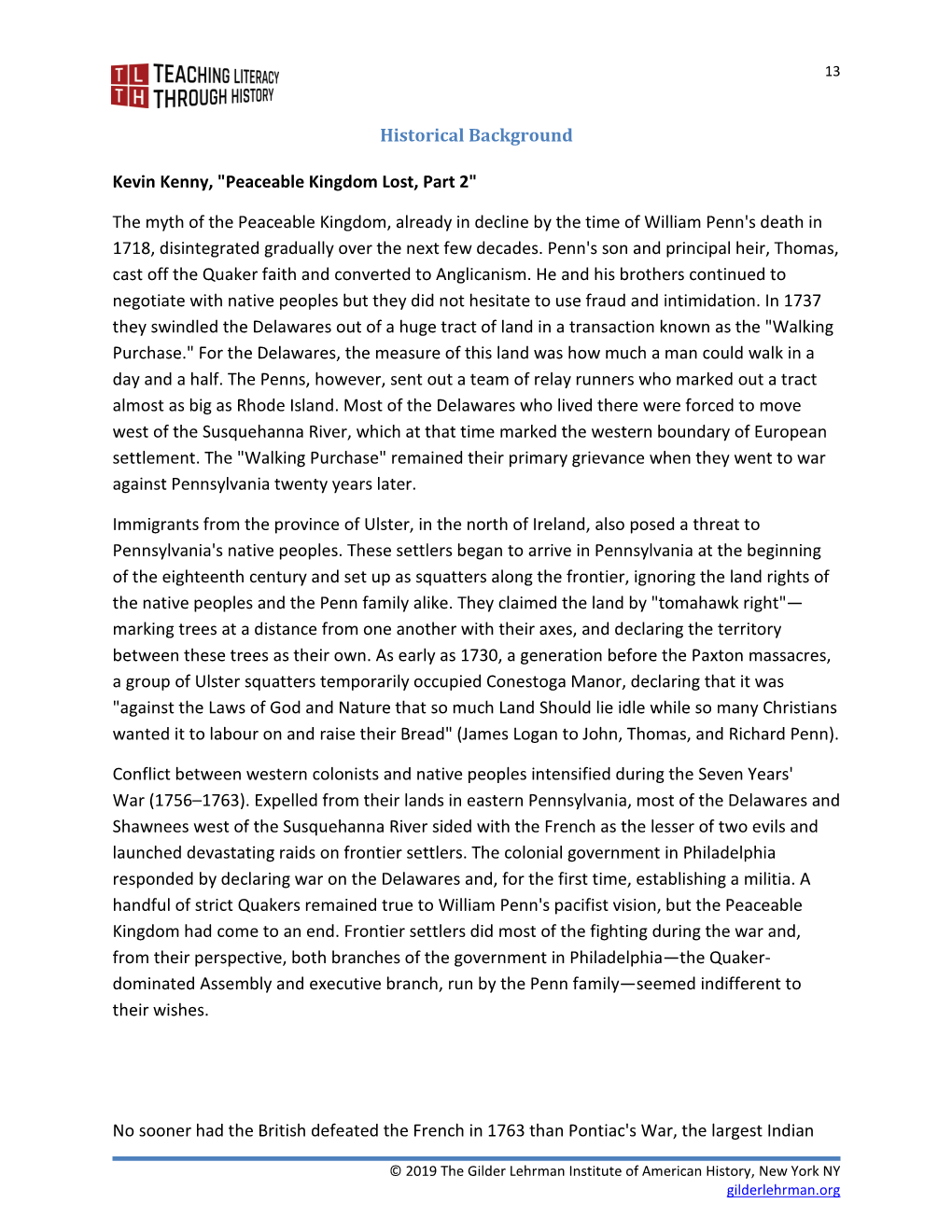 Historical Background Kevin Kenny, "Peaceable Kingdom Lost, Part 2" the Myth of the Peaceable Kingdom, Already in Decl