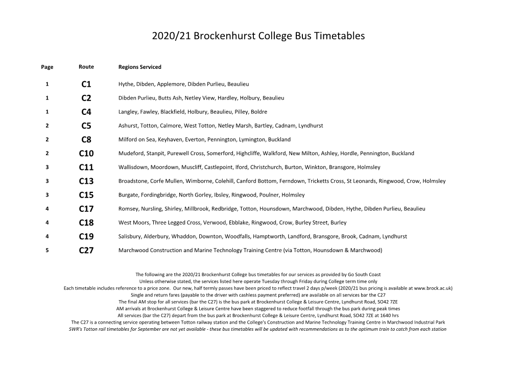 2020/21 Brockenhurst College Bus Timetables