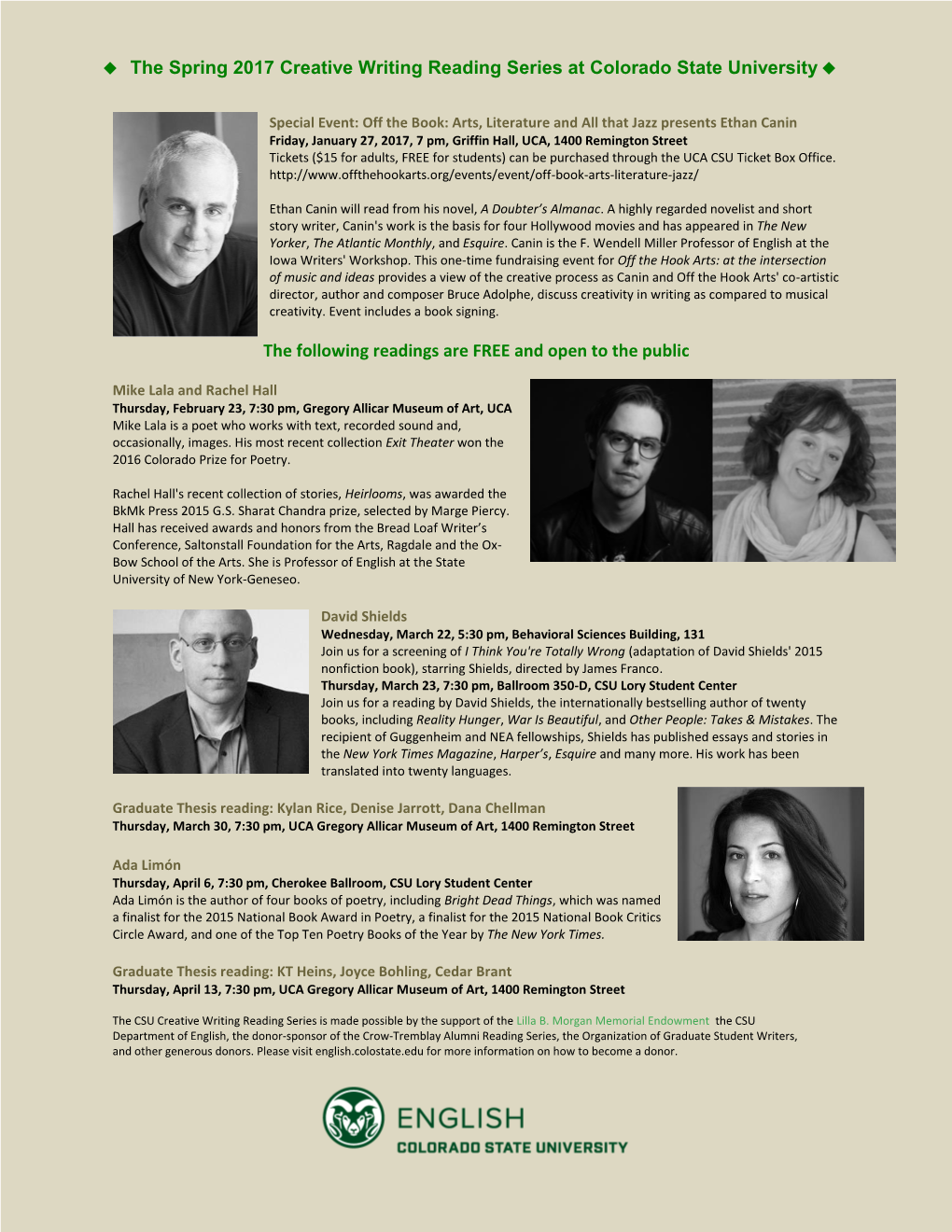 The Spring 2017 Creative Writing Reading Series at Colorado State University 