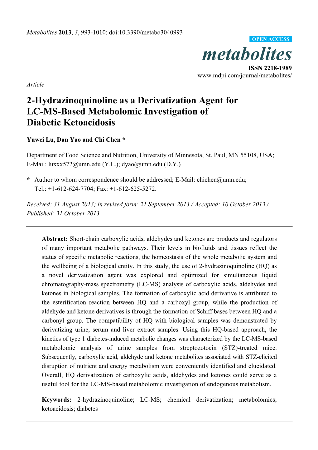 2-Hydrazinoquinoline As a Derivatization Agent for LC-MS-Based Metabolomic Investigation of Diabetic Ketoacidosis