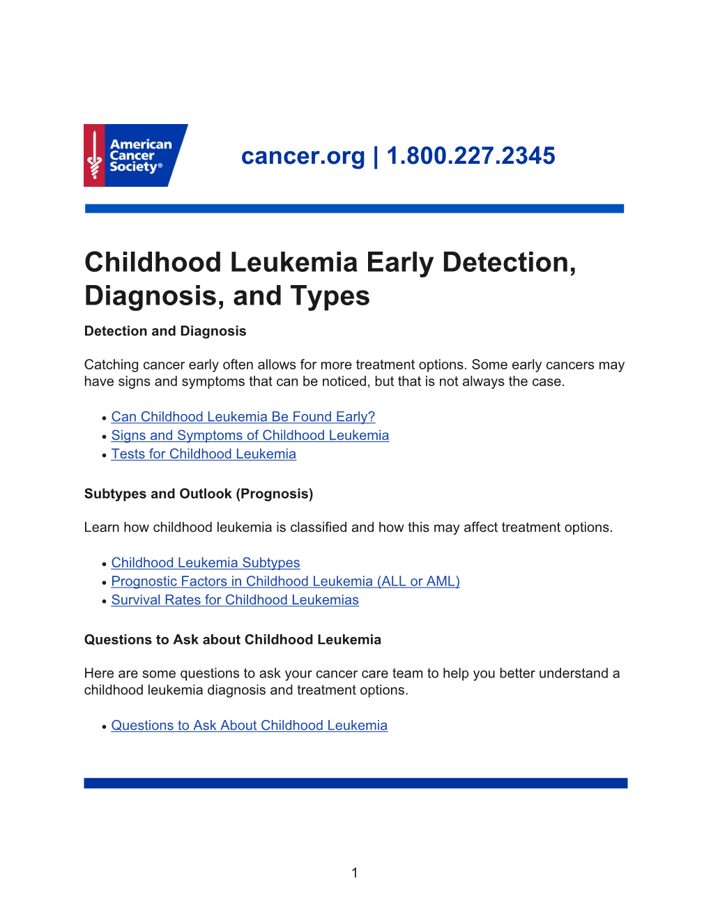 Childhood Leukemia Early Detection, Diagnosis, and Types Detection and Diagnosis