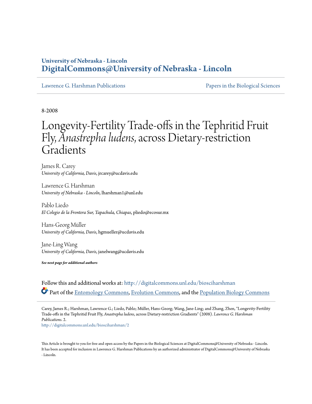 Longevity-Fertility Trade-Offs in the Tephritid Fruit Fly, &lt;I&gt;Anastrepha