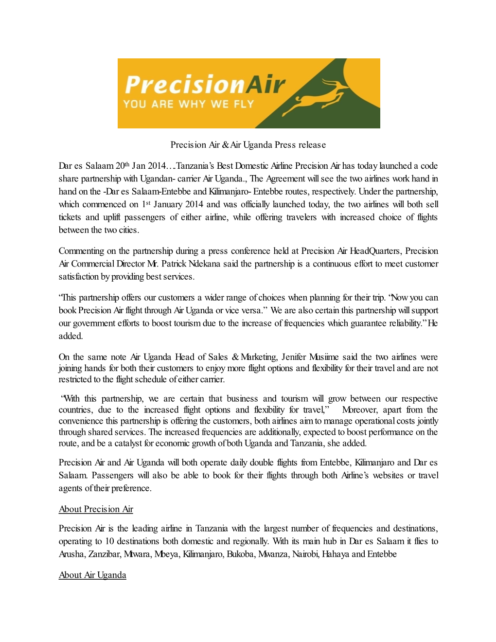 Precision Air & Air Uganda Press Release Dar Es Salaam 20Th Jan