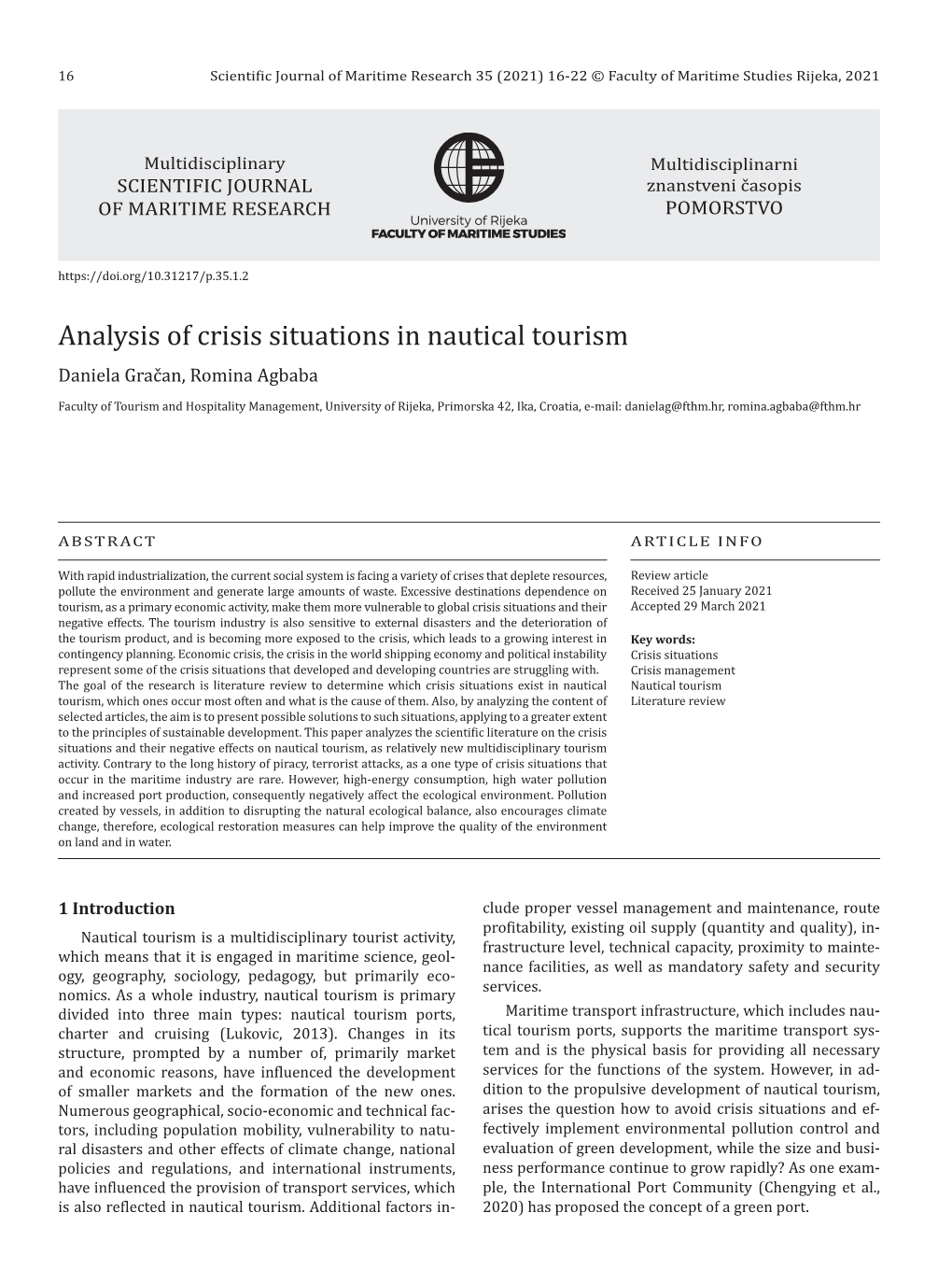 Analysis of Crisis Situations in Nautical Tourism