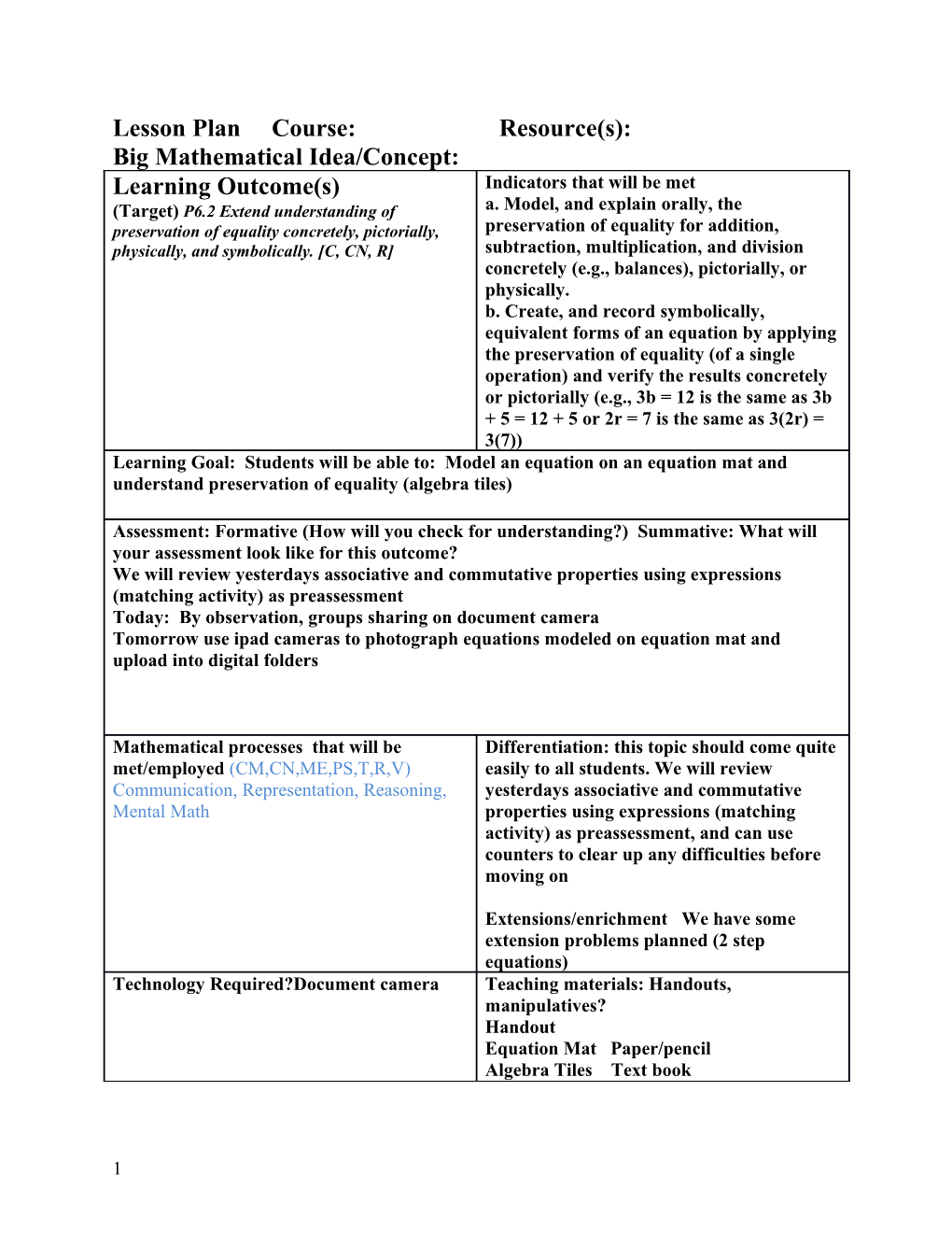 Lesson Plan Course: Resource(S)