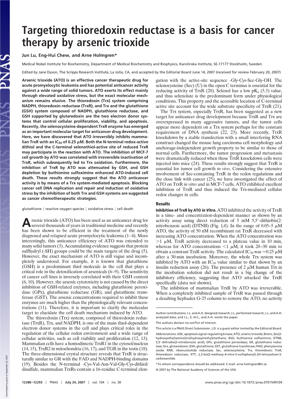 Targeting Thioredoxin Reductase Is a Basis for Cancer Therapy by Arsenic Trioxide