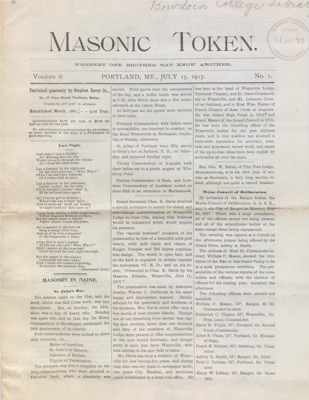 Masonic Token: July 15, 1917