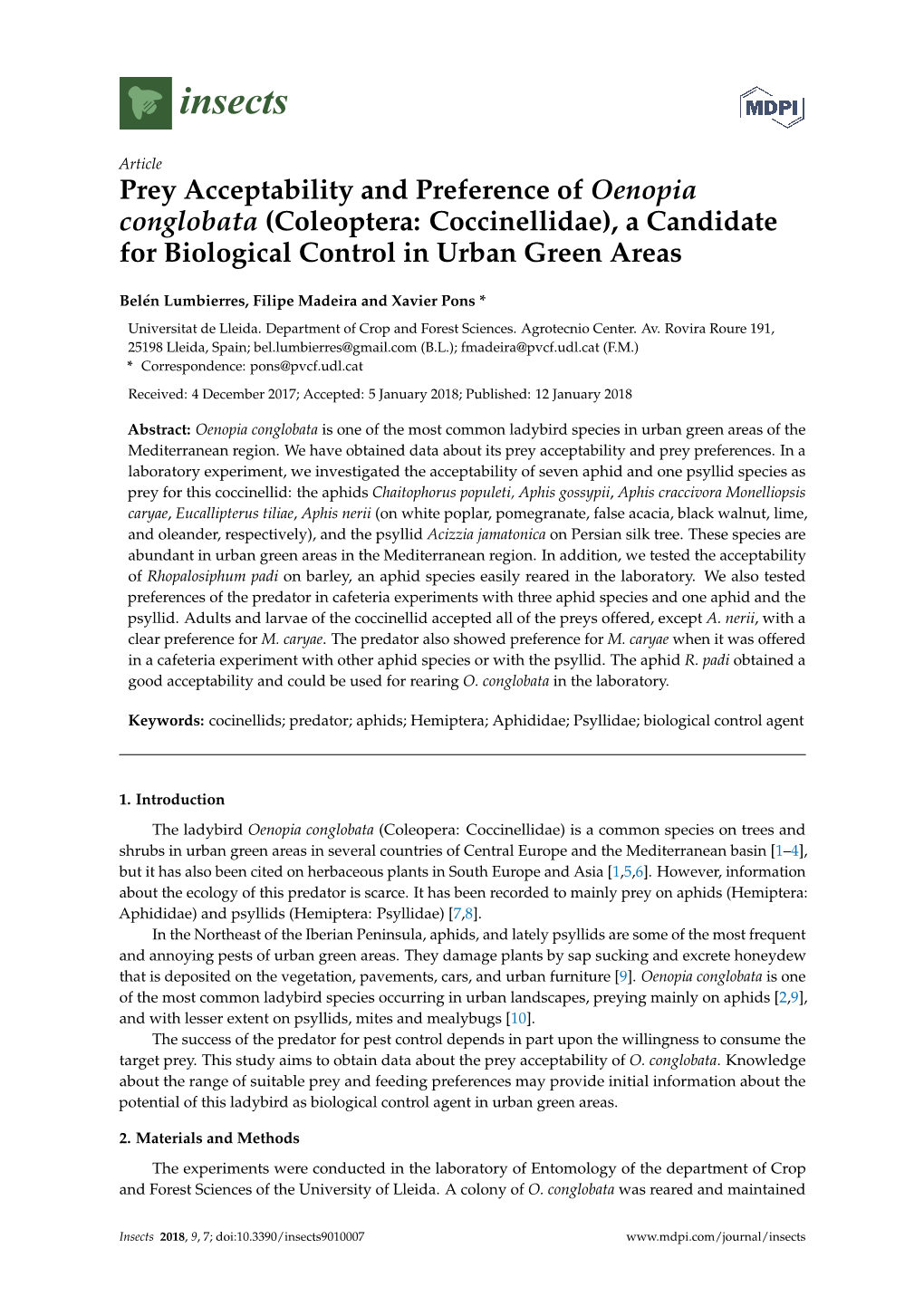 Prey Acceptability and Preference of Oenopia Conglobata (Coleoptera: Coccinellidae), a Candidate for Biological Control in Urban Green Areas