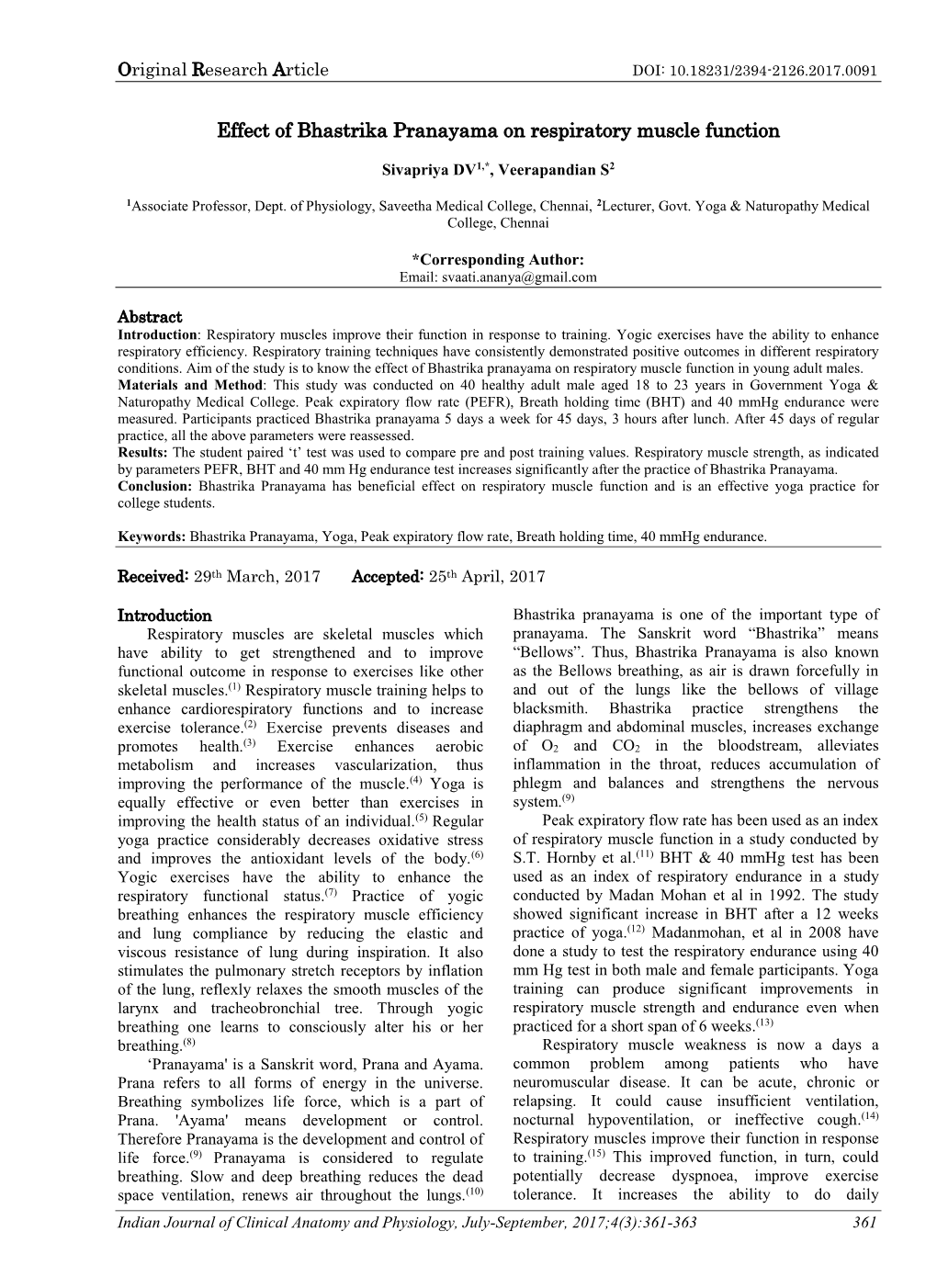 Effect of Bhastrika Pranayama on Respiratory Muscle Function