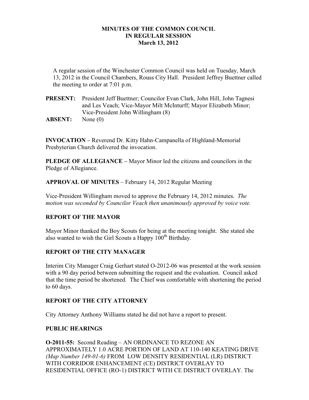 MINUTES of the COMMON COUNCIL in REGULAR SESSION March 13, 2012