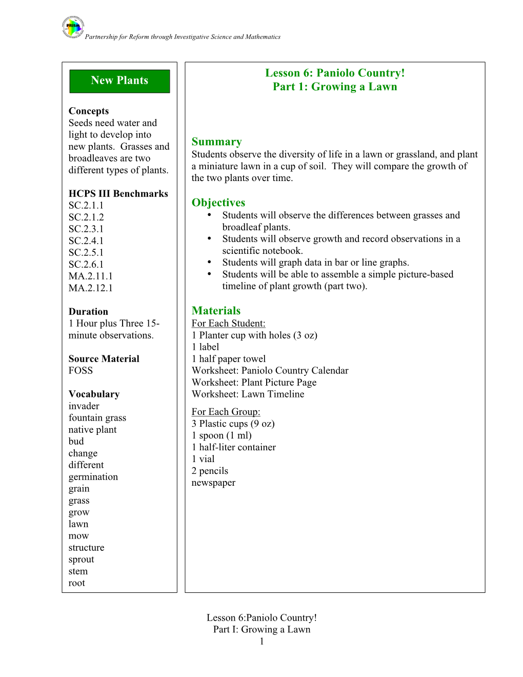 Lesson 6: Paniolo Country! Part 1: Growing a Lawn Summary Objectives Materials New Plants