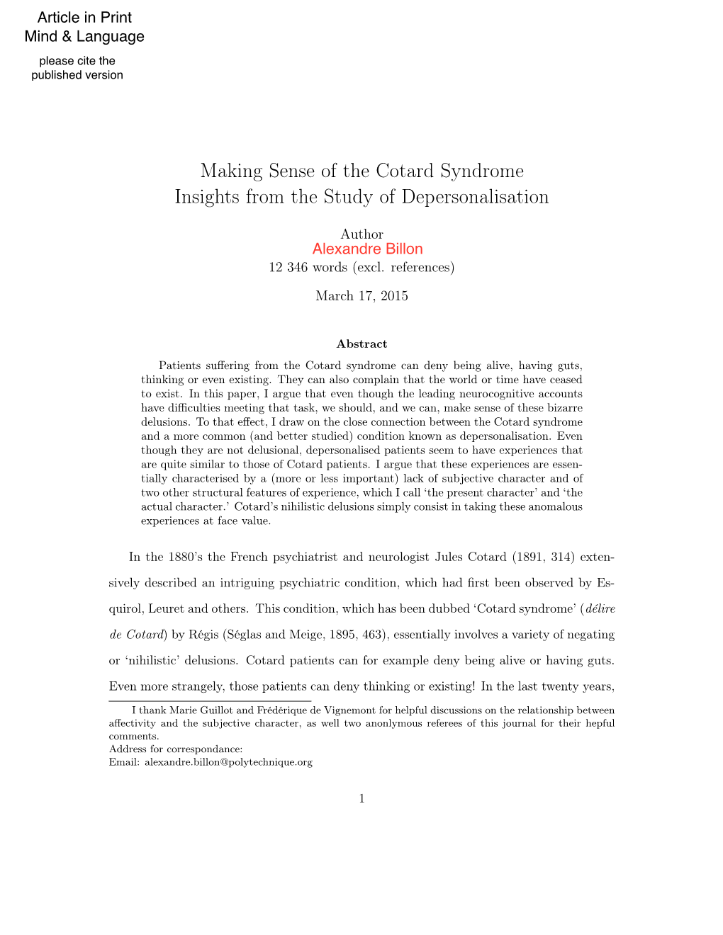 Making Sense of the Cotard Syndrome Insights from the Study of Depersonalisation